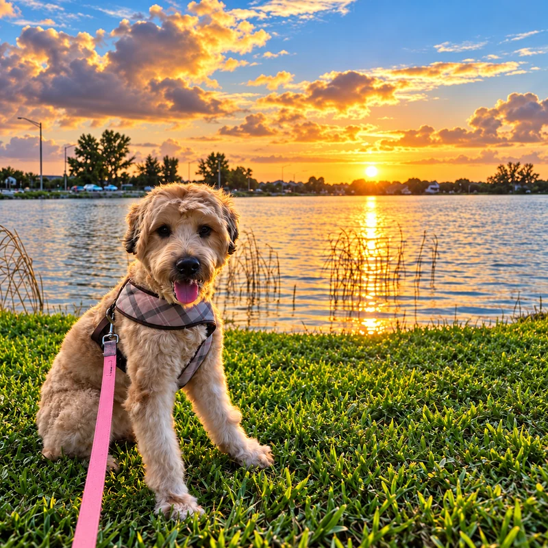 Fluffy dog by the water at sunset